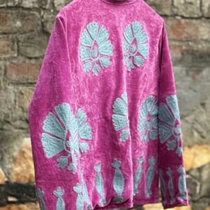 Womens Pink Velvet Embroidered Jacket with Floral Design